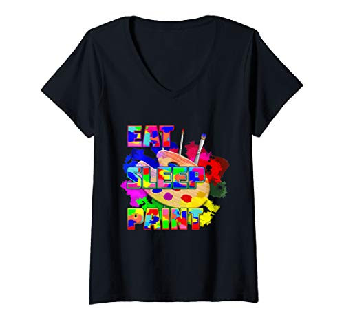 Womens Eat Sleep Paint Repeat Funny Artist V-Neck T-Shirt