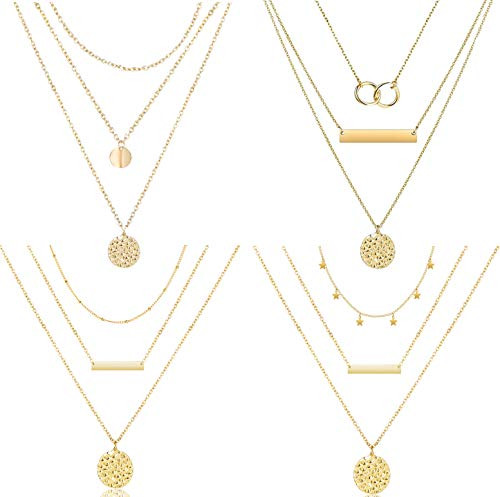 Frodete 4Pcs Dainty Layered Choker Necklace  Gold Plated Satellite Chain Pendant Necklace Multilayer Bar Disc Necklace Adjustable 18k Layering Choker Necklaces for Women