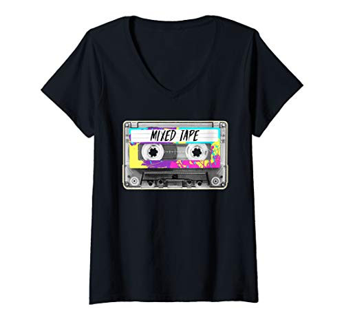 Womens 80s Paint splash Cassette Tape Vintage Mix tape V-Neck T-Shirt