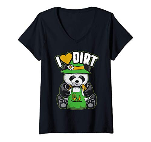 Womens I Love Dirt Gardening Garden Tools Cute Panda Bear Gardener V-Neck T-Shirt Womens I Love Dirt Gardening Garden Tools Cute Panda Bear Gardener V-Neck T-Shirt
