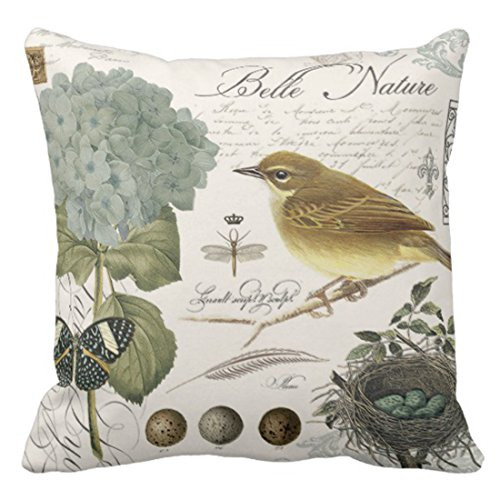 Emvency Throw Pillow Cover Floral Eggs Modern Vintage French Bird and Dragonfly Decorative Pillow Case Home Decor Square 18 x 18 Inch Pillowcase