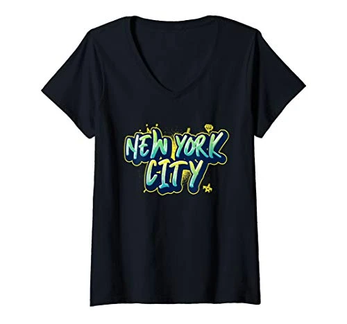 Womens New York City  Graffiti Spray Paint V-Neck T-Shirt
