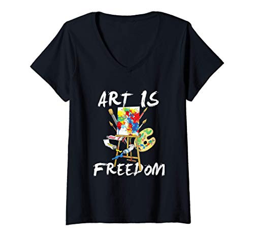 Womens Art Is Freedom - Colorful Paint Tools Artist Painter V-Neck T-Shirt
