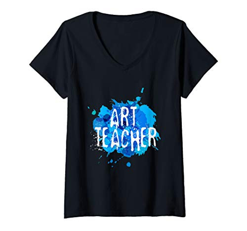 Womens Blue Paint Splatter Graphic Art Teacher V-Neck T-Shirt