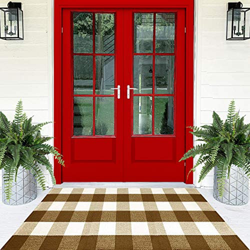 Outdoor Rug - Buffalo Plaid Rug 23x51 - Welcome Mats for Front Door - Cotton Welcome Mat for Home Decor - Washable Rug - Entryway Rug for Farm House Decor