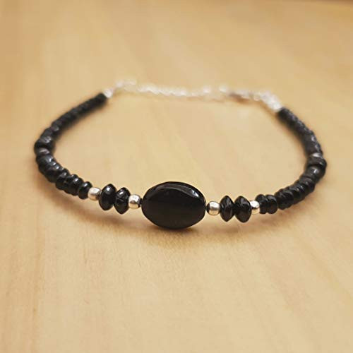 Dainty Black Spinel Oval Saucer Beads Minimalist Bracelet Sterling Silver August Birthday Jewelry