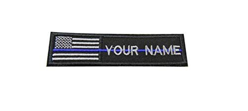 Custom Name Text American Flag Thin Blue Line Morale Patch Hook  and  Loop Backing 4x1 inch  Blue line 4x1h inc