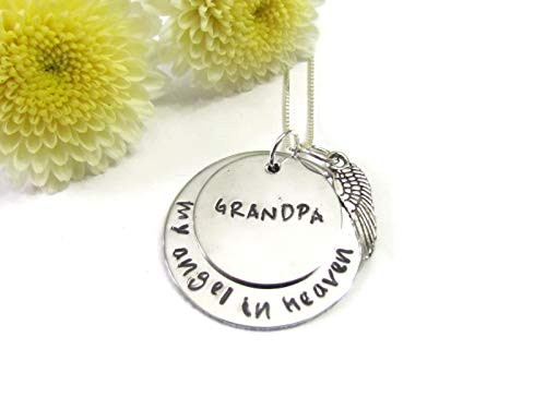 GRANDPA -GRANDMA My ANGEL in HEAVEN -hand stamped necklace -Personalized Name- Angel wing charm -remembrance gift of loved one