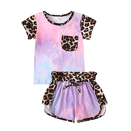 Toddler Kids Baby Girl Summer Outfits Short Sleeve T Shirt Top Leopard Shorts Pants Clothes Set  tie dye Purple Pink  2-3T