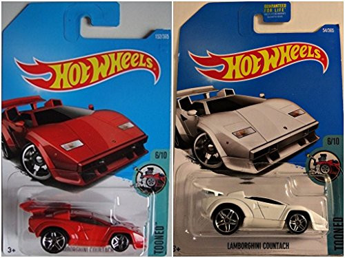 Hot Wheels Lamborghini Countach Red 152 365 and Lamborghini Countach White 54 365 2 Car Set Bundle
