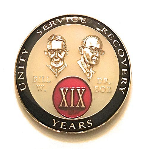19 Year AA Medallion - Alcoholics Anonymous White  Black   and  Red with Bill  and  Bob Sobriety  Chip  Token  Coin