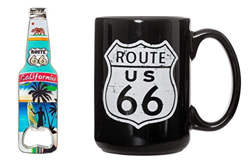 Iconic Route 66 15oz Double-Sided Ceramic Coffee Mug and California Metal Souvenir Refrigerator Magnet Bundle