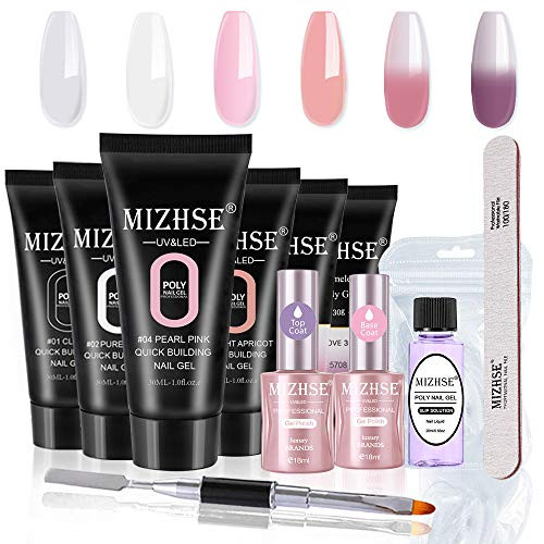 MIZHSE Poly Nail Gel Kit - Poly Extension Builder Gel Nail Enhancement Temperature Color Change Acrylic Trial Kit Professional Technician All-in-One French Kit with Slip Solution