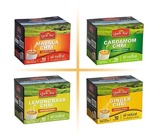 QuikTea 4 Flavors Unsweetened Variety Pack, Cardamom/Masala/Ginger/Lemongrass, 640 Gram