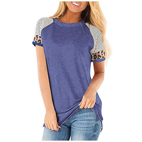 Women's Crew Neck Long Sleeve Leopard Print Color Block Casual Loose T-Shirt Tops Tee Tunics Dark Blue