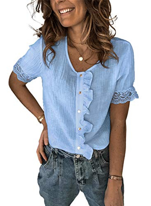 BLENCOT Womens Casual Summer Short Sleeve Crochet Lace Tops Ruffle V Neck Button Ladies Shirts Blouses Blue XX-Large BLENCOT Womens Casual Summer Short Sleeve Crochet Lace Tops Ruffle V Neck Button Ladies Shirts Blouses Blue XX-Large