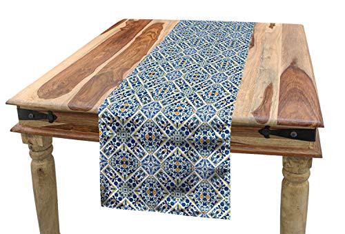 Ambesonne Ethnic Table Runner  Portuguese Azulejo Tiles Floral European Medieval Style Mosaic Moroccan Retro Effect  Dining Room Kitchen Rectangular Runner  16" X 90"  Orange Blue