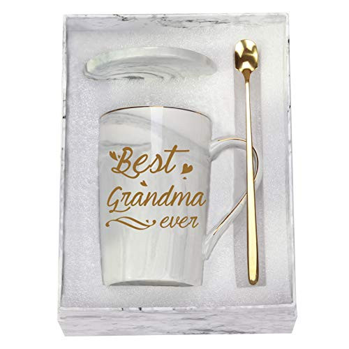 Best Grandma Ever Mug Best Grandma Coffee Mug Grandma Gifts Birthday Mothers Day Gifts for Grandma from Granddaughter Grandson Grandchildren Grandkids 14 Ounce Gift Box with Spoon and Mug Mat Gray