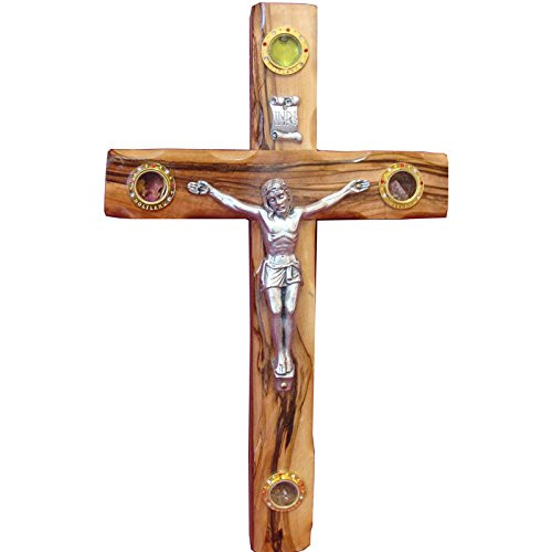 Zuluf 25cm Wall Holy Catholic Cross Olive Wood Christian Metal Crucifix - CRS042