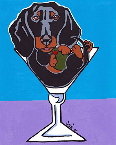 Black and Tan Dachshund Dog in Martini Glasses Signed Art Print of Original Artwork Acrylic Painting
