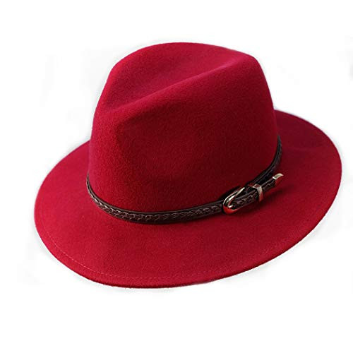 Fedora Hat for Women 100% Wool Wide Brim Panama Cowboy Hat with Belt Buckle Felt Fedora Hat  Red