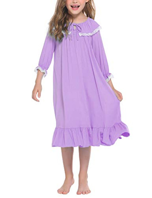 Ekouaer Casual Nightie Princess Night Dresses Kids Girls Pajamas Dress Cotton Sleepwear Petite Loungewear  Purple 4-5T
