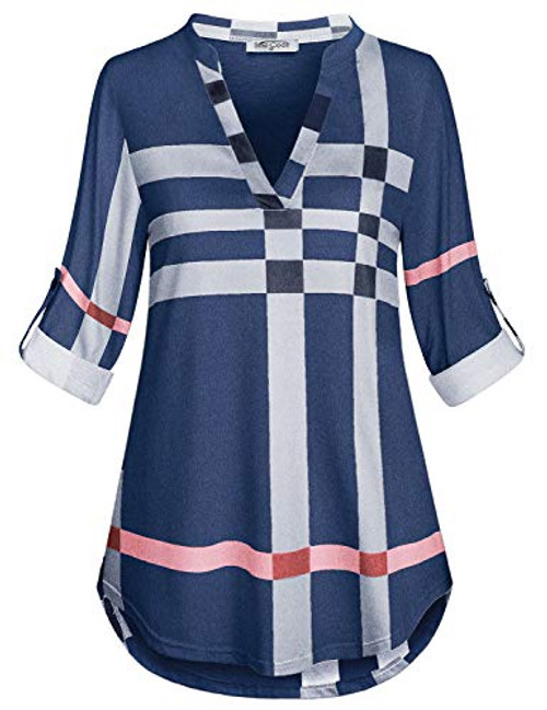 SeSe Code Royal Blue Shirts for Women Long Sleeve Blouses Office Attire Clothes Pretty Henley V Neck Checkered Shirts Loose Fitted Tops Tunics for Leggings Large