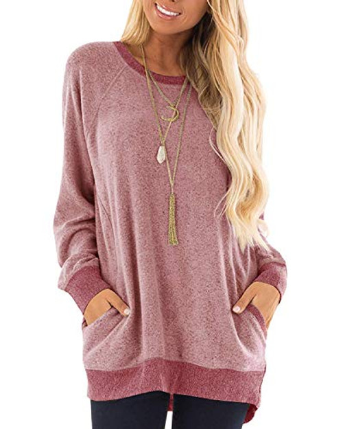 AUSELILY Sweatshirts for Women Long Tunic Tops for Leggings Fall Shirts Oversized Round Neck Brickred L