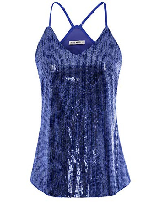 GRACE KARIN Women Shimmer Sequin Embellish Sparkle Tank Tops Size S Dark Blue