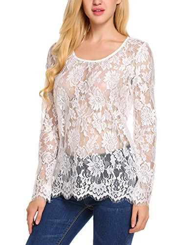 Zeagoo Women's Round Neck Sexy Sheer Blouse Mesh See Through Lace Crop Top  White XXL