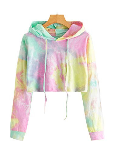 SweatyRocks Women's Tie Dye Long Sleeve Workout Crop Top Sweatshirt Hoodies Yellow Pink S