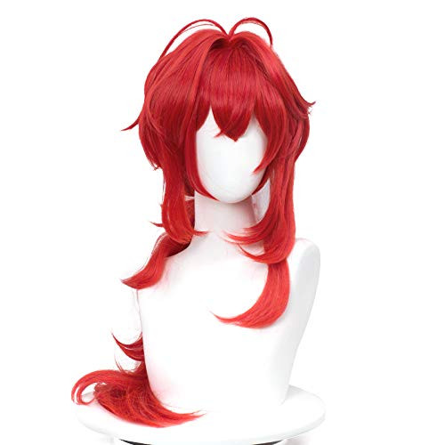 SL Long Red Cosplay Wig for Diluc Genshin Impact Fluffy Curly Anime Cosplay Hair Wig with Bangs Plus Cap SL Long Red Cosplay Wig for Diluc Genshin Impact Fluffy Curly Anime Cosplay Hair Wig with Bangs Plus Cap