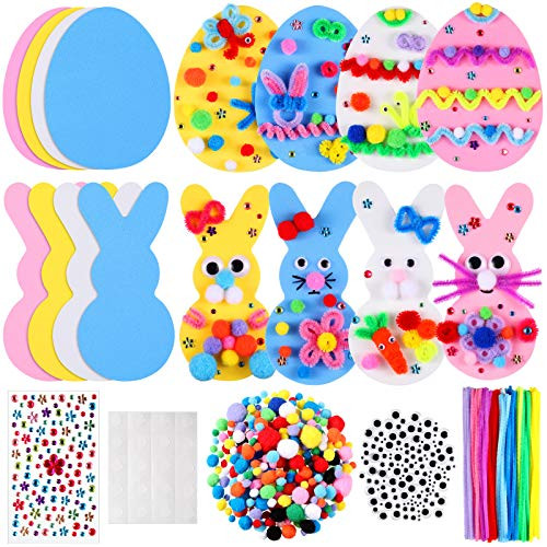 Nezyo Easter Crafts for Kids  32 Sets Foam Bunny Egg Decorations DIY Rabbit Craft Kit Assorted Foam Egg Shapes with Googly Eyes Pom-Poms Gem Stickers Twisting Bars for Easter Classroom Activities