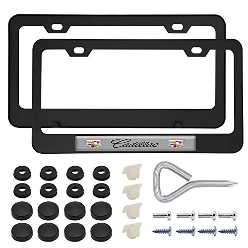 2 Pcs License Plate Frames for Cadillac Logo  Black Stainless Steel Cadillac Car Licenses Plate Covers Holders Frames for Plates with Screw Caps