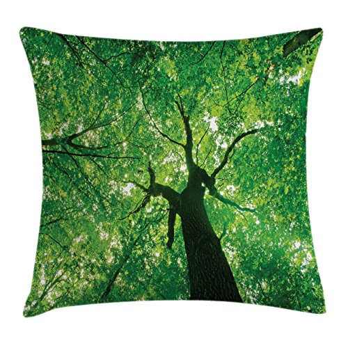 Ambesonne Forest Throw Pillow Cushion Cover  Body of a Tree Evergreen in The Nature Majestic Habitat Morning Image Print  Decorative Square Accent Pillow Case  18" X 18"  Green White