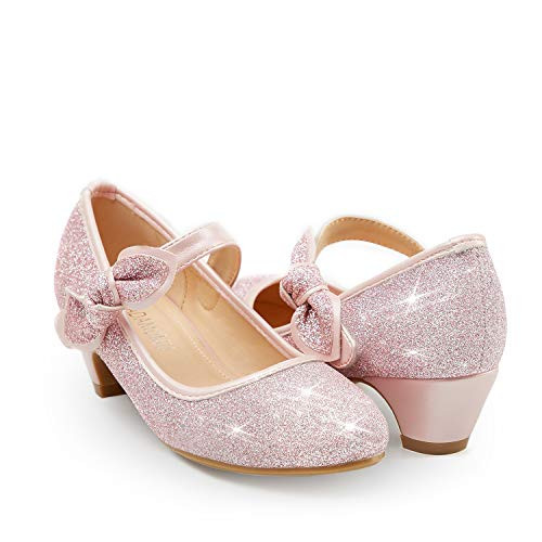 ADAMUMU Girls Mary Jane Glitter Shoes Low Heel Princess Party Heel Shoes Toddler Dress Shoes Fashion Wedding Sparkle Flats for Little Big Kids Bridesmaids Glitter Pink Size 13M