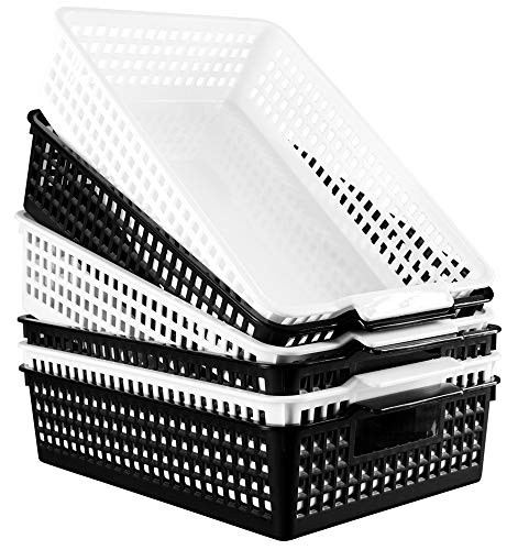 Plastic Parper Baskets  13.4''x9.8''x3.4''  Black White Office File Trays Organizer  A4 Paper  Letter Storage Baskets 6 Pack