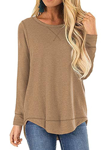 LANREMON Women's Casual Crewneck Tops Cotton Fall Long Sleeve T-Shirt Side Split Loose Tunic Top Khaki M