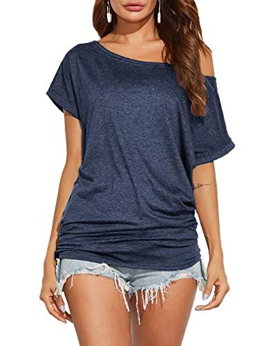 Poetsky Womens Off Shoulder Blouse Loose Batwing Sleeve Tops  S  Dark Blue