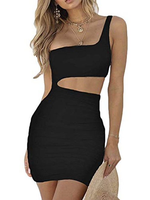 PRIMODA Women's Sexy One Shoulder Sleeveless Cutout Ruched Club Dress Bodycon Mini Dress Black M