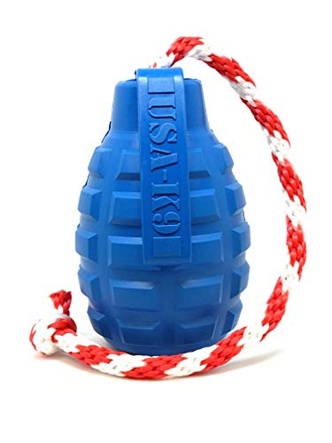 SodaPup USA-K9 Dog Toy - Natural Rubber Grenade Shaped Dog Chew Toy - Treat Dispenser - Fetch Toy - Tug Toy - Made in USA - for Heavy Chewers - Blue - XL