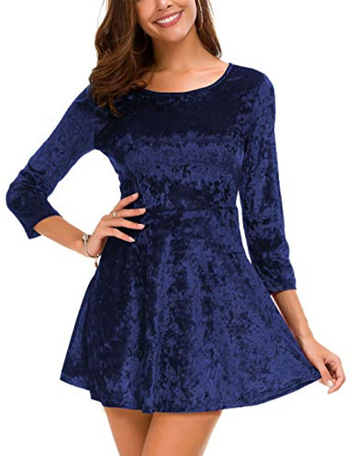 DGMYG Women's 3 4 Sleeve Round Velvet Skater Casual Swing Flared Short Mini Dress L Dark Blue DGMYG Women's 3 4 Sleeve Round Velvet Skater Casual Swing Flared Short Mini Dress L Dark Blue