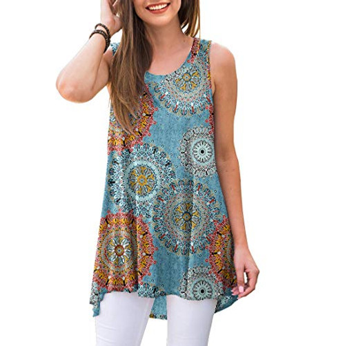 AWULIFFAN Women's Summer Sleeveless T-Shirt Short Sleeve Sleepwear Tunic Tops Blouse Shirts?Flower Multiple Blue Medium?