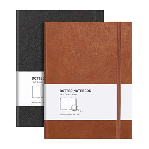 RETTACY Dotted Journal Bullet Notebook 2 Pack - B5 Large Notebook with Dotted Grid Page Total 384 Numbered Pages 100gsm Thick Dotted Paper Soft Leather Cover Inner Pocket ''7.6 X 10''