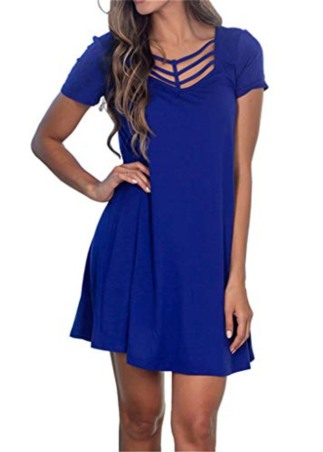 Fanfly Women's Long Sleeve T Shirt Dresses Criss Cross Neck Casual Loose Swing Dresses Royal Blue