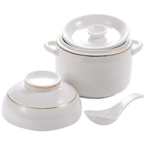 Small Ceramic Stew Pot with Lid and Spoon Premium Steam Soup Bowl Steaming Cup for Home Kitchen Egg Custard Medicinal Herbs Bird's Nest Tonic  Oven Dishwasher Safe  350ML