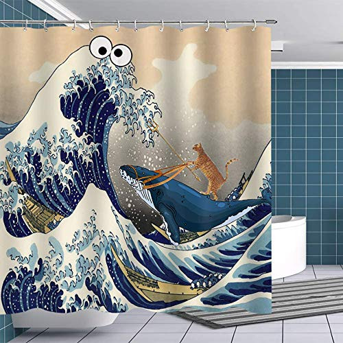 Ujoyen Funny Huge Wave Shower Curtain Cat Riding Whale Shower Curtain Funny Cat Bathroom Decor with Hooks Waterproof Washable 72 x 72 inches Blue Orange