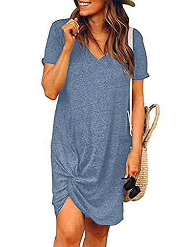 Locryz Women's Sexy V Neck Tee Shirt Dress for Beach Mini Dress XL Dusty Blue