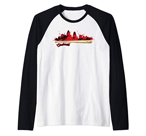 Cincinnati Baseball Bat Paint Splat City Skyline Fan Raglan Baseball Tee