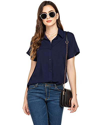 Hotouch Women's Shirts Button Down Short Sleeve with Pocket Blouse Navy Blue XXL